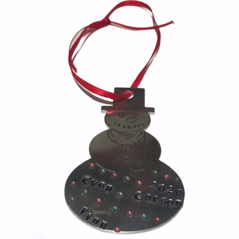 Handmade stamped silver aluminum personalized snowman holiday Christmas ornament